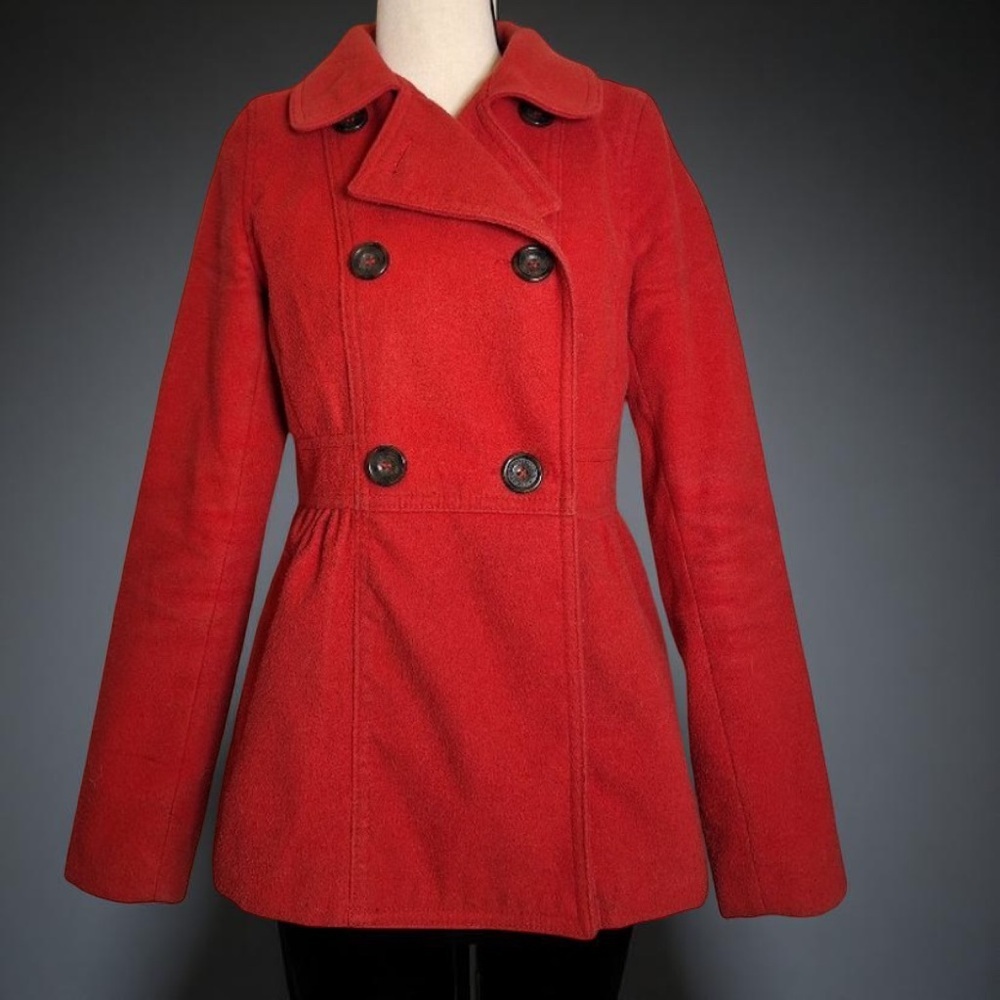 H&M Divided Red Coat Sz 6 Double Breasted Fitted Waist Preppy Winter elegant